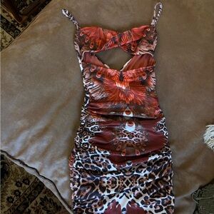 Tiger Mist Orange and Brown Floral Cutout Bodycon Dress